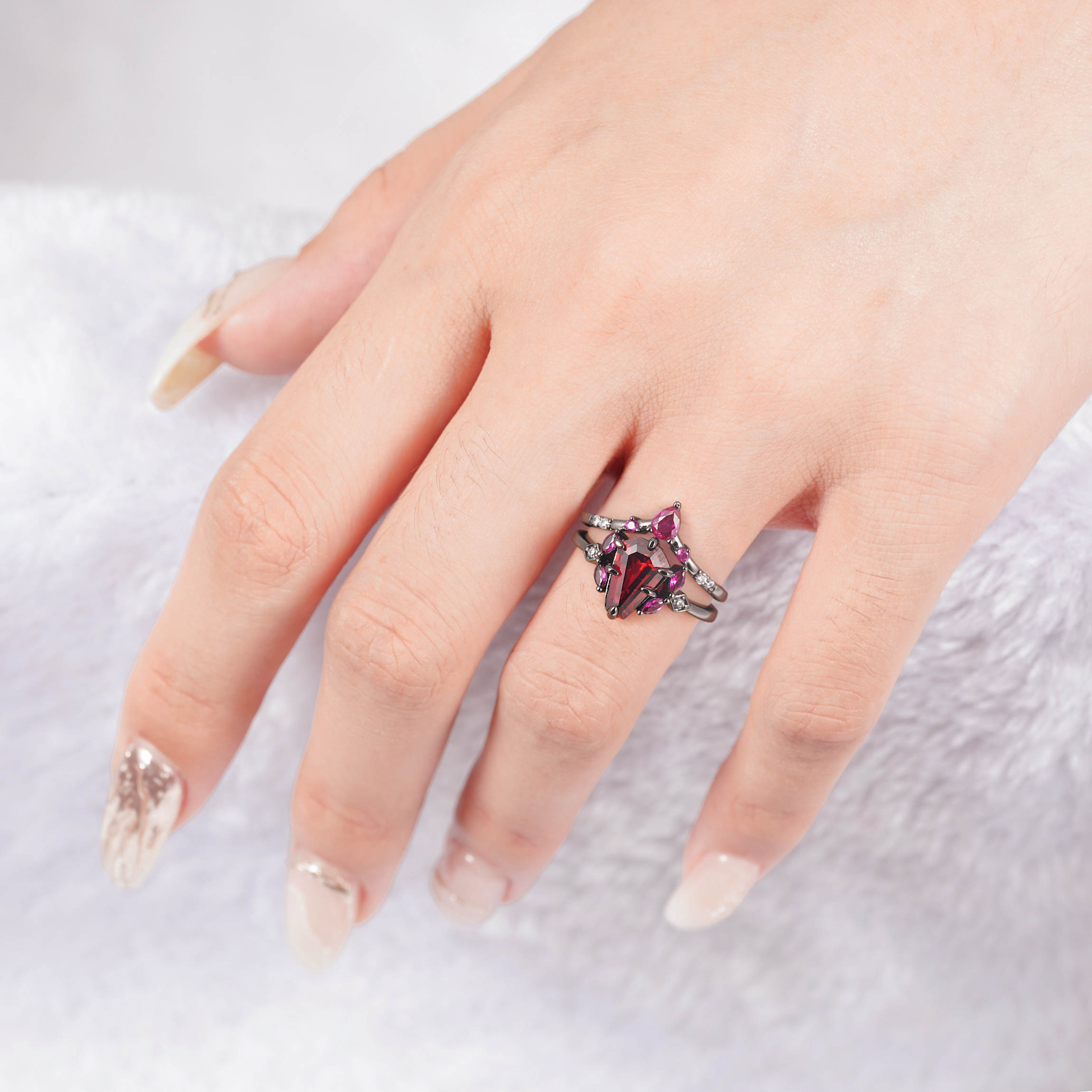 Coffin cut garnet and pink sapphire ring in gold vermeil