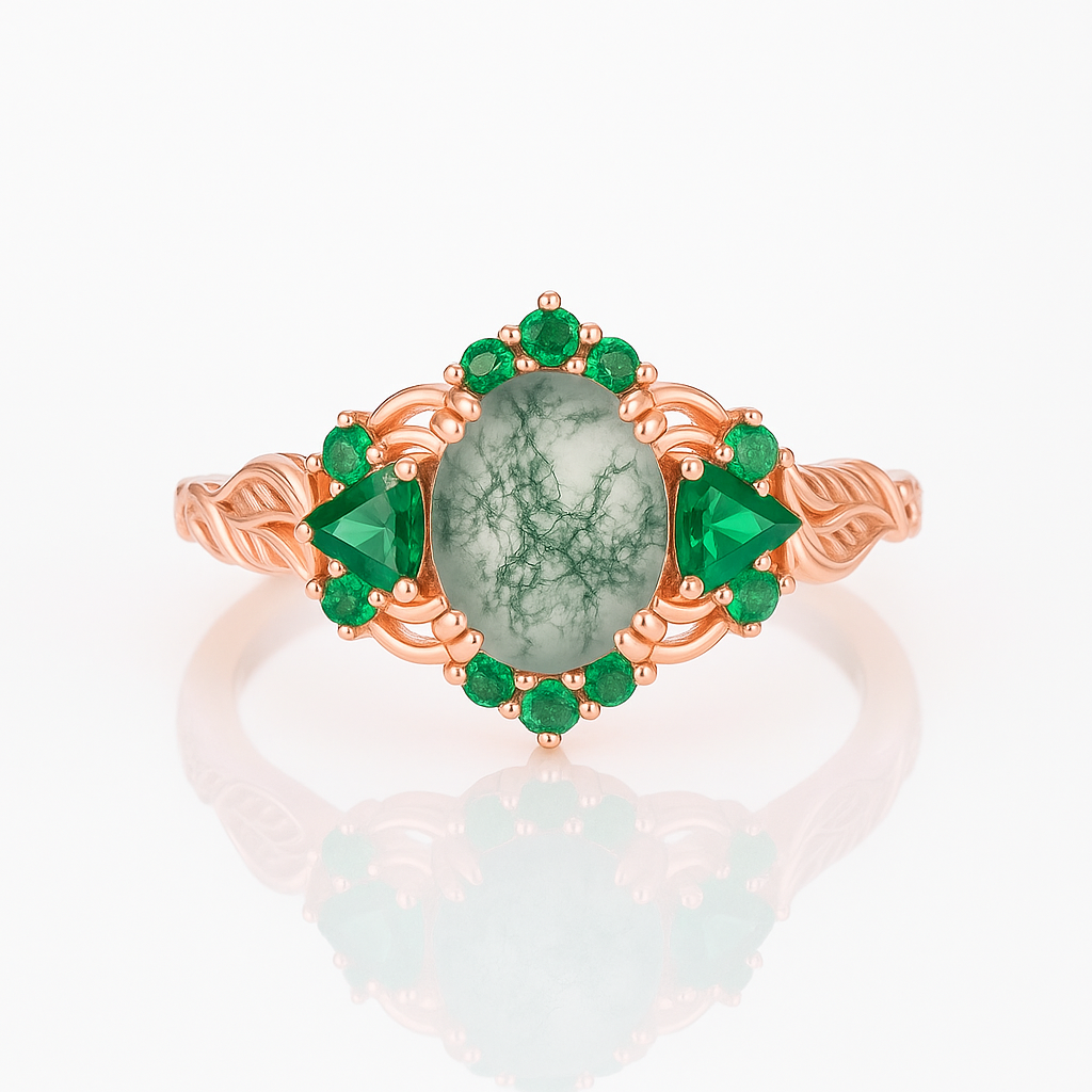 Lilly Moss Agate and Emerald Ring