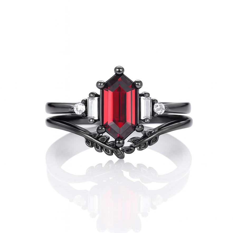 Desi Garnet and Black Gold Leaf Ring Set