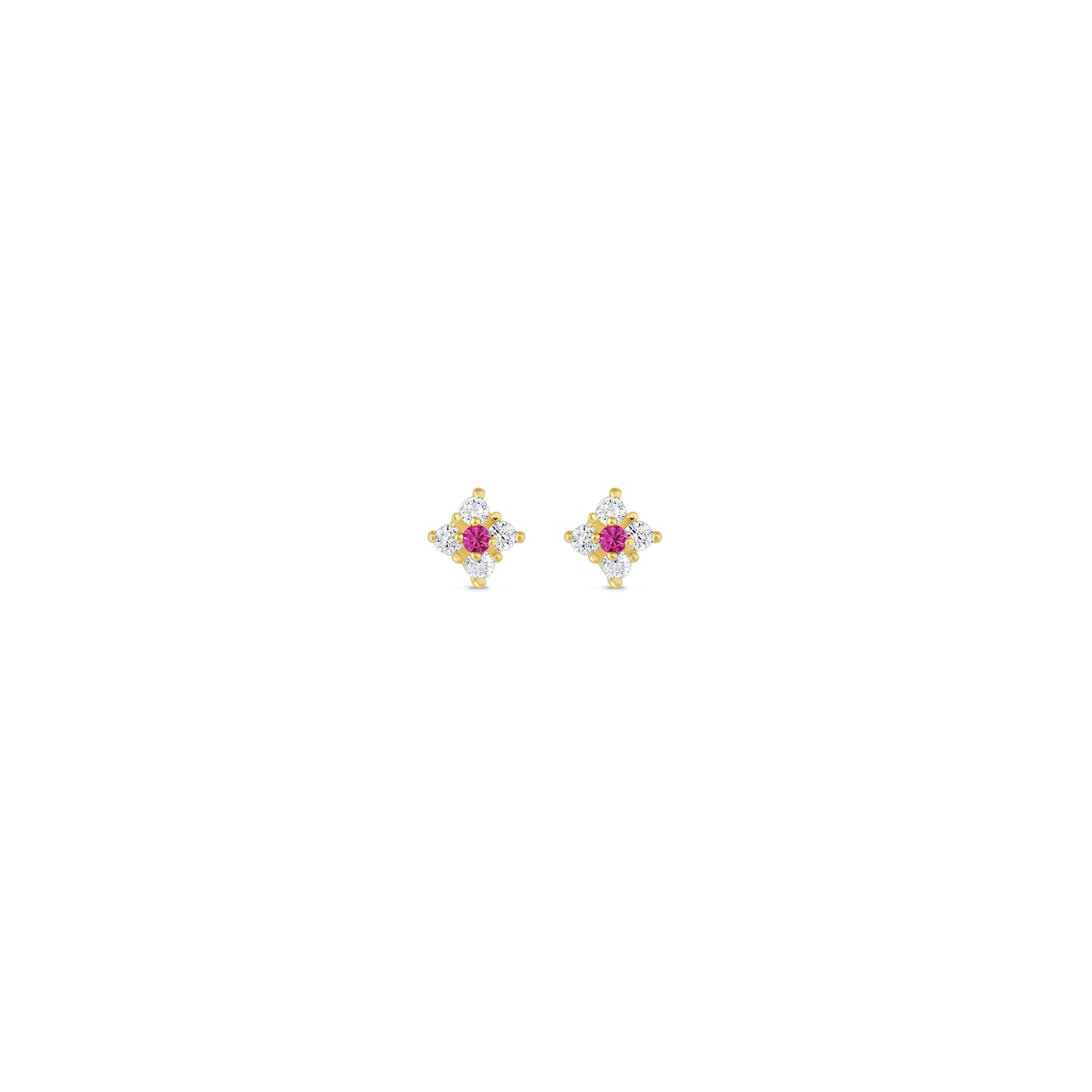 14k Solid Gold Ruby & Crystal Flowers Earrings